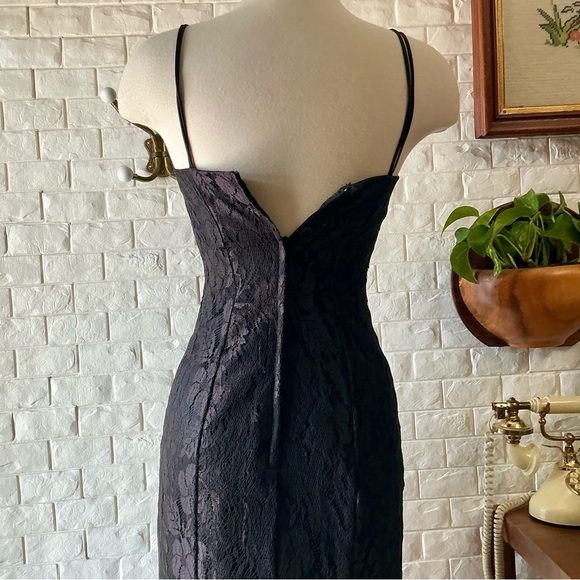 Vintage 1980s Black Lace Overlay Boned Bodice Side Ruched Ruffle Hem Midi Dress - Picture 10 of 17